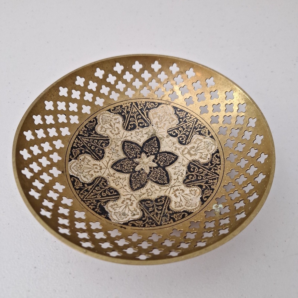 Vintage SACRED GEOMETRY Solid Brass Pedestal Bowl Intricate Etched INDIA 7"